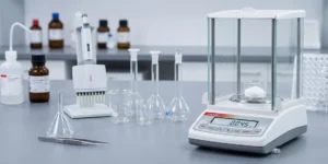 Waga laboratoryjna analityczna marki AXIS z przeszkloną szafką przeciwpodmuchową stojąca na stanowisku badawczym, oferowana przez sklep medycznewagi.pl
