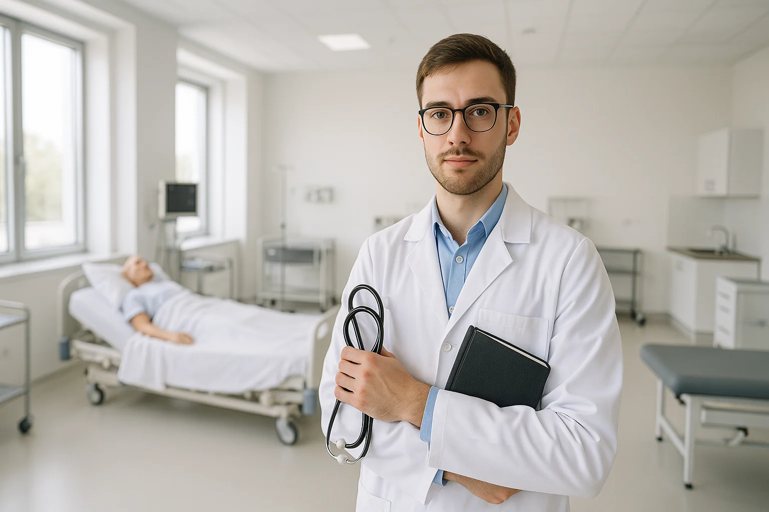 Student medycyny trzymający pierwszy stetoskop podczas zajęć klinicznych